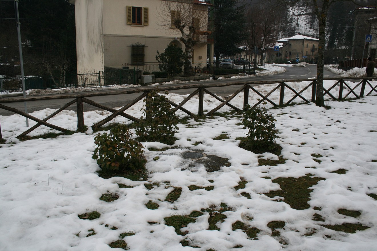 Scena invernale a Lastra a Fanti con neve e paesaggio rurale, caratterizzata da piante e una recinzione in legno.