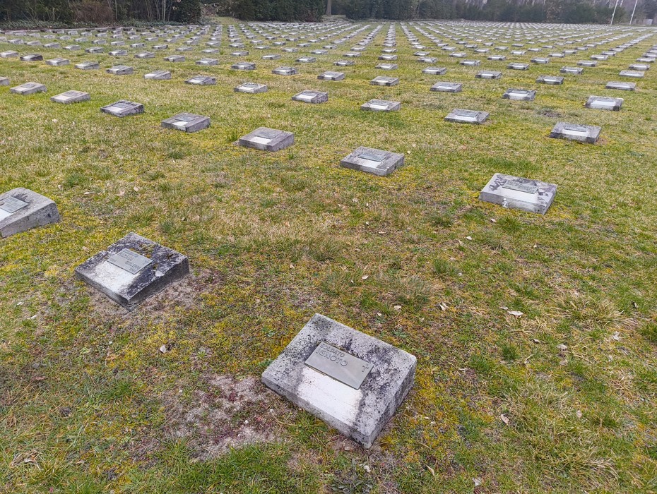 Cimitero militare italiano di Zehlendorf con lapidi disposte ordinatamente su un prato verde.