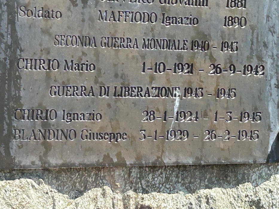 Lapide in pietra scura con elenco di nomi e date, dedicata ai caduti.