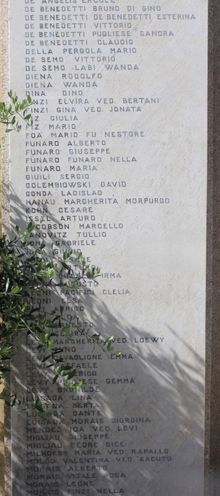 Portale del Cimitero Ebraico con monumento commemorativo e nomi di defunti incisi sulla pietra.