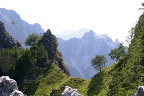 Panorama montano con rocce e vegetazione, che offre una vista suggestiva delle cime circostanti.