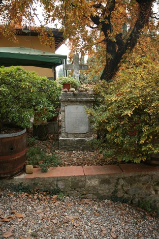 Cippo commemorativo per l'eccidio di Fabbrica, immerso nella natura e circondato da piante e arbusti.