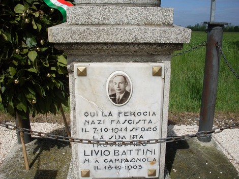 Cippo commemorativo dedicato a Livio Battini, vittima della ferocia nazifascista il 7 ottobre 1944.