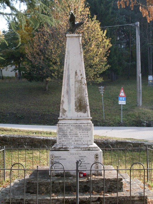 Monumento ai Caduti di Cavola, commemorazione dei soldati locali, con obelisco e decorazioni simboliche.