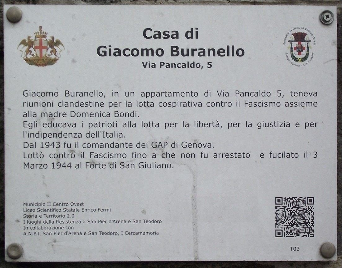 Targa commemorativa in memoria di Giacomo Buranello, attivista antifascista, situata in Via Pancaldo.