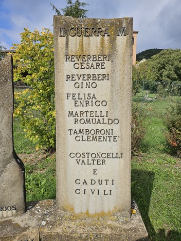 Monumento ai Caduti di Castione de' Baratti con iscrizioni commemorative e verde circostante.