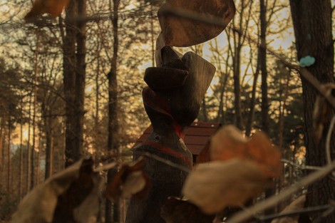 Scultura di legno immersa nella natura, circondata da foglie secche e alberi, con una luce calda sullo sfondo.