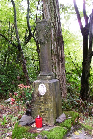 Cippo in pietra circondato da vegetazione, decorato con un simbolo e una foto commemoriale.