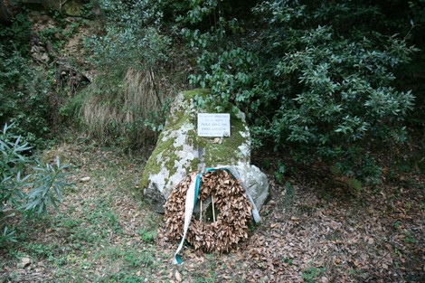 Lapide commemorativa di Barachini e Capocchi, con corona di fiori, immersa nella natura.