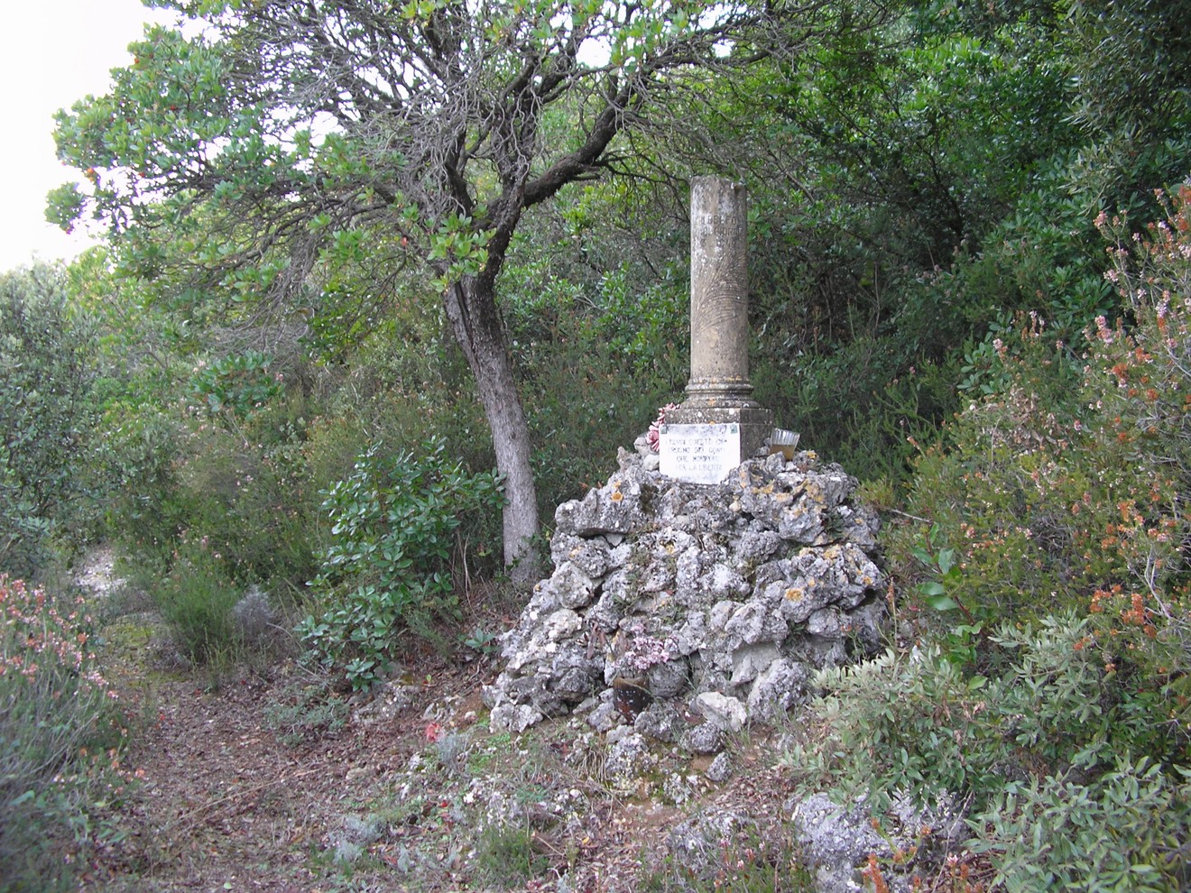 Cippo commemorativo dedicato a Giachi e Gamucci, immerso nella natura.