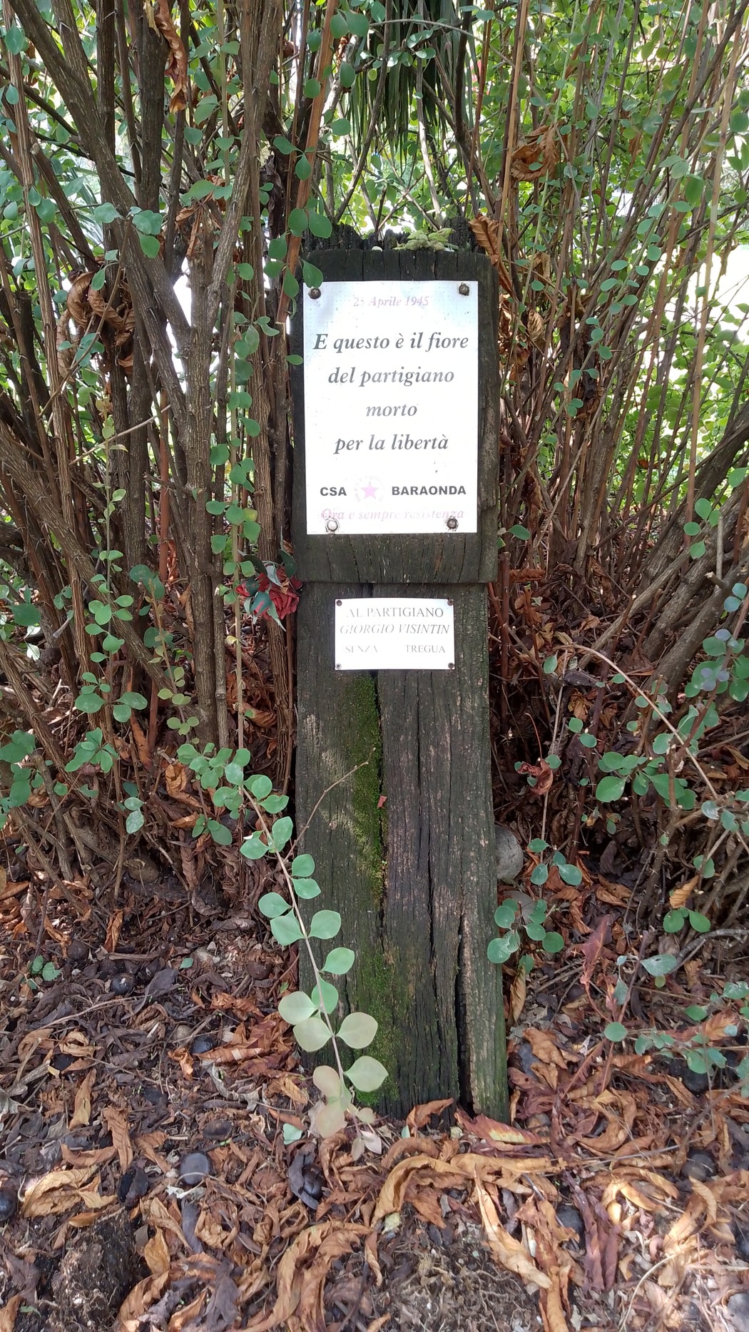 Cippo commemorativo ai partigiani, circondato da vegetazione, simbolo di libertà e resistenza.