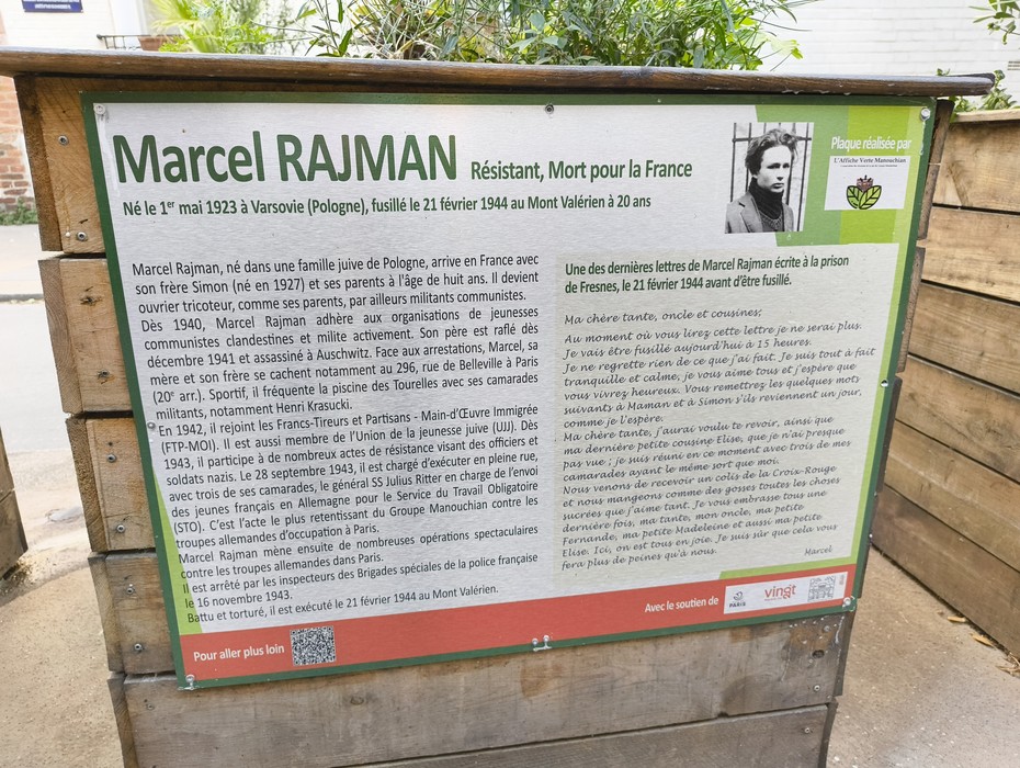 Targa commemorativa dedicata a Marcel Rajman, resistente polacco, fucilato il 21 febbraio 1944 in Francia.