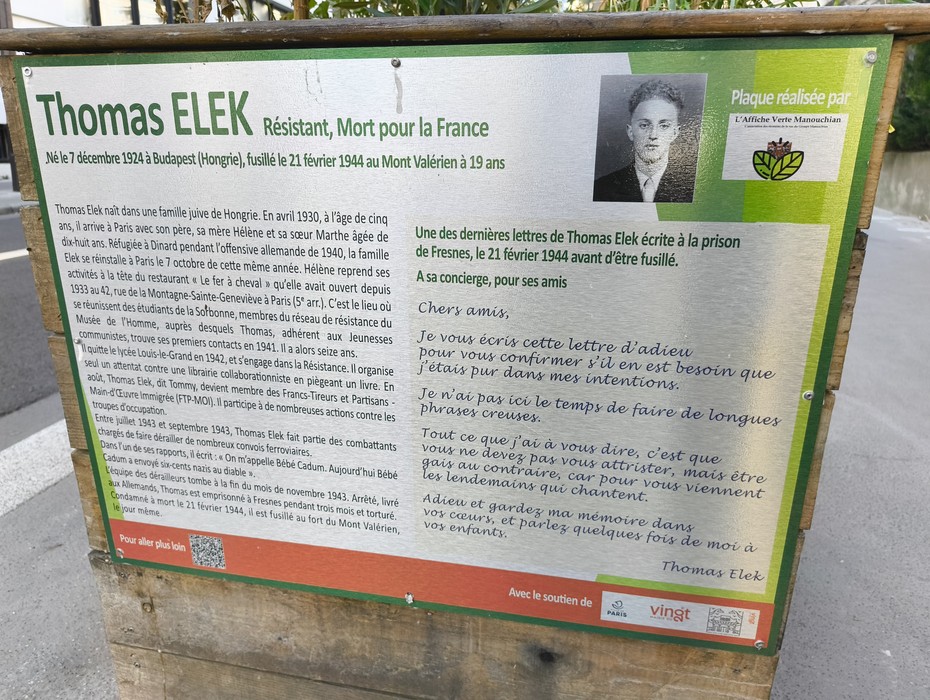 Targa commemorativa di Thomas Elek, partigiano e resistente, dedicata al suo sacrificio per la libertà in Francia.