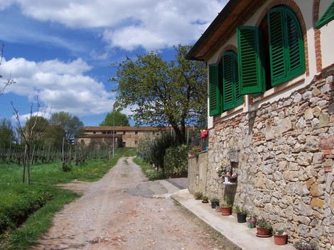 Strada di campagna con casa in pietra, verdeggianti alberi e cielo nuvoloso, rappresentante un paesaggio rurale sereno.