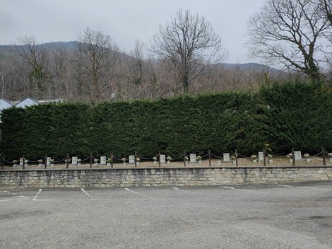 Panorama del Parco della Rimembranza, con verdeggiante siepe e monumenti in un'atmosfera serena.