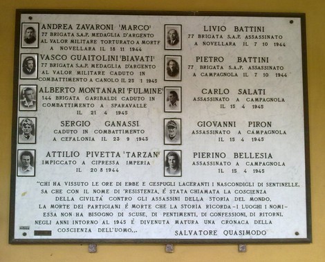 Lapide commemorativa ai caduti della Liberazione di Campagnola, onore ai sacrifici degli eroi locali.