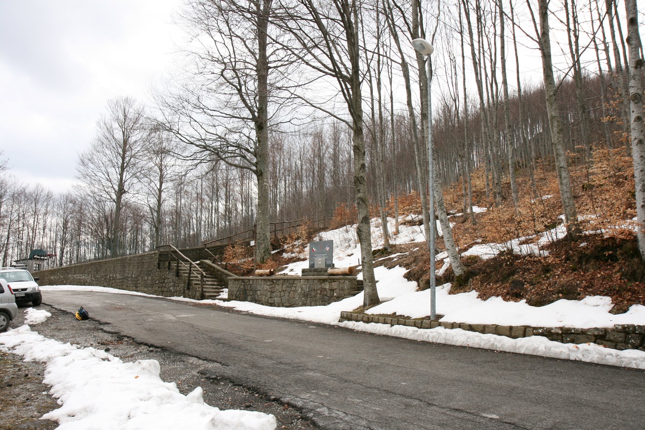 Monumento al comandante Pippo, situato in un bosco innevato, circondato da alberi e sentieri.