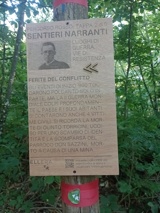 Segnale informativo su percorsi storici legati alla Seconda Guerra Mondiale a Monte Senario. Vegetazione circostante.