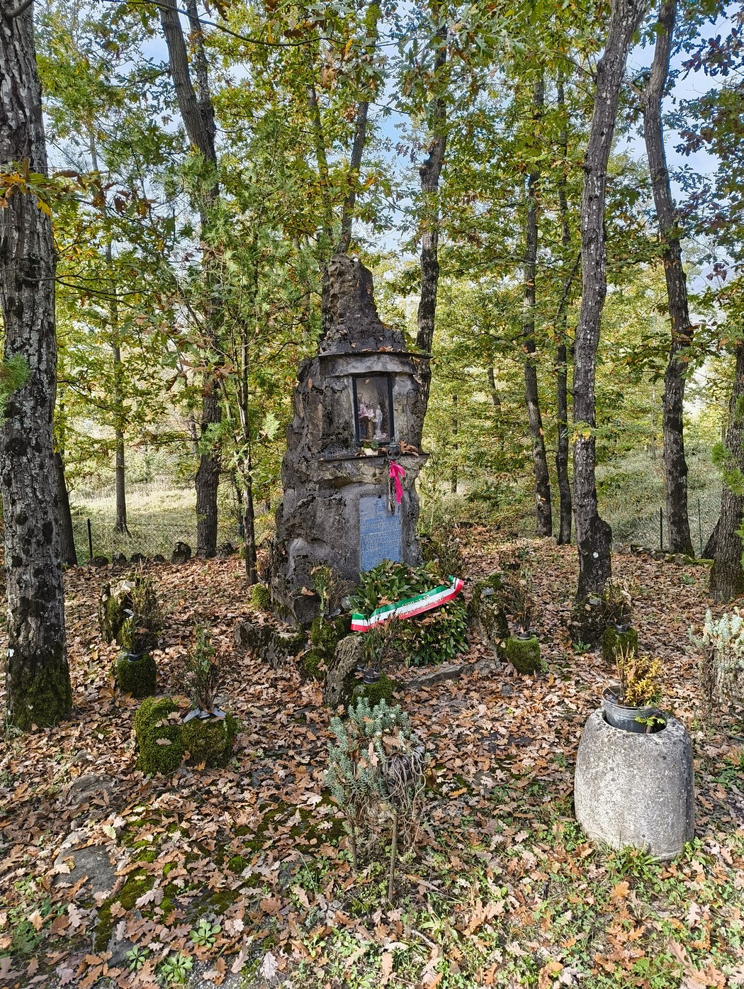 Monumento ai caduti di Ca' Boschetto, circondato da alberi e natura, in un'atmosfera di commemorazione e memoria.