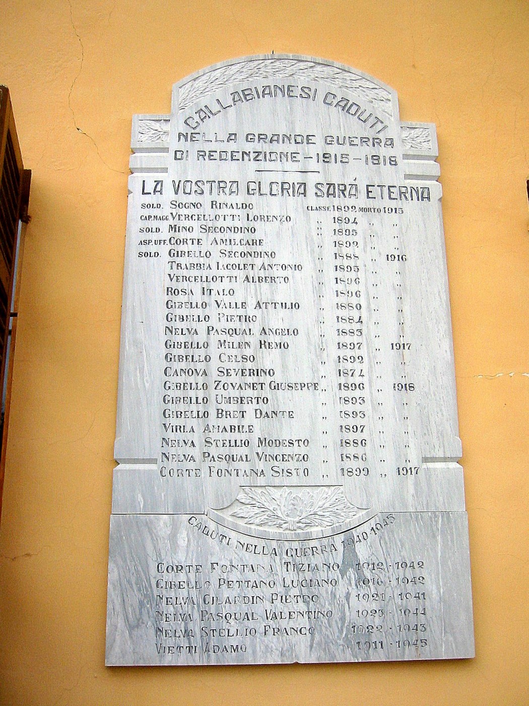 Lapide commemorativa dedicata ai caduti della Grande Guerra 1915-1918, con i nomi dei soldati onorati.