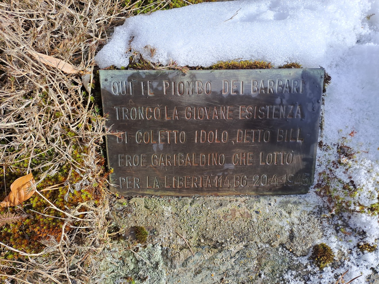 Targa in bronzo con iscrizione, posata su una roccia tra erba secca e neve.