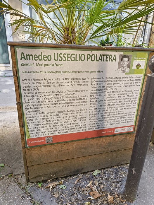 Targa commemorativa dedicata ad Amedeo Ussegli Polatera, resistente italiano, caduto per la Francia durante la Seconda Guerra Mondiale.