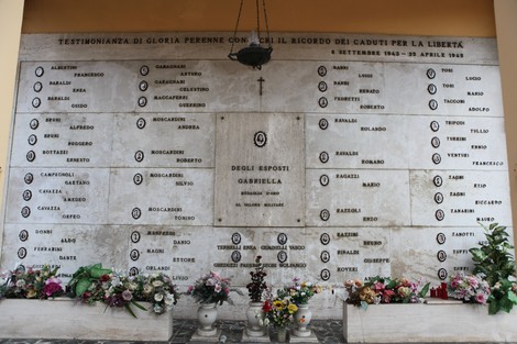 Sacrario dei Caduti Partigiani, commemorazione con nomi e fiori per ricordare il sacrificio dei caduti per la libertà.