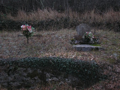 Cippo commemorativo con fiori, circondato da natura, in un ambiente silenzioso e suggestivo.