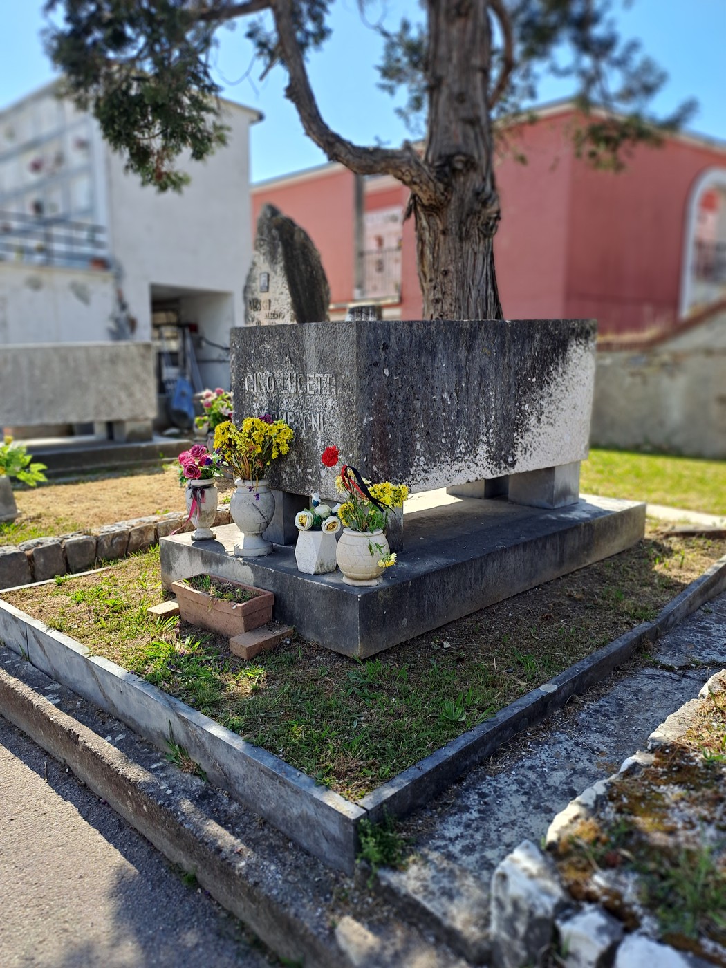 Monumento a Lucetti con fiori e decorazioni, immerso in un contesto di quiete e rispetto.