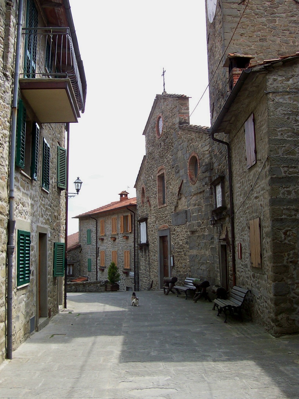 Stradina nel borgo di Raggiolo, evidenziando la storicità dei edifici in pietra e un'atmosfera tranquilla.