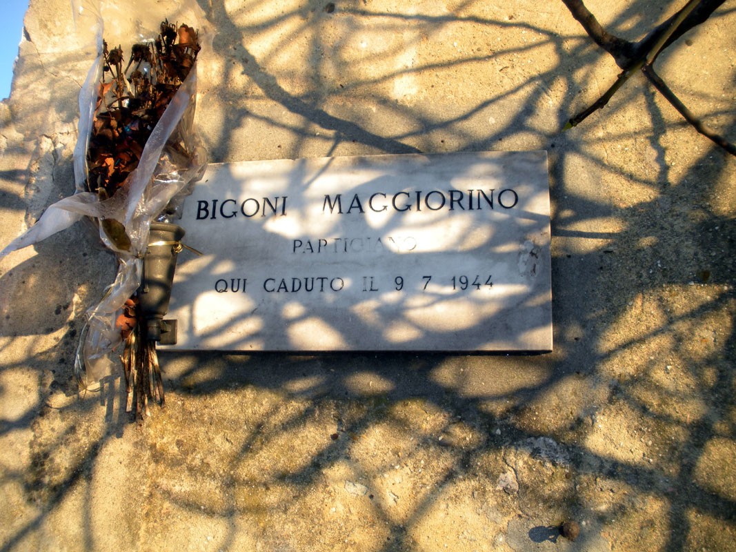 Lapide commemorativa dedicata a Bigoni, con omaggio floreale e ombre di rami sul muro.