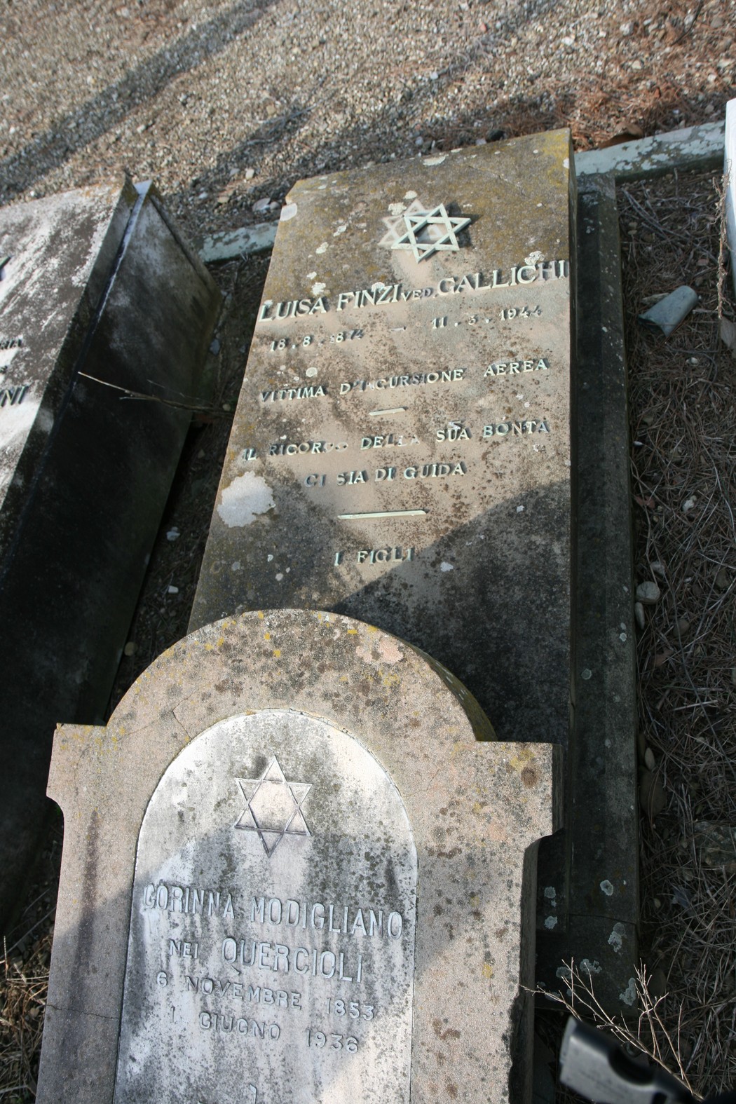 Sepolcro di Finzi, tomba con simboli e iscrizioni commemorative di Luisa Finzi e altri membri della famiglia.