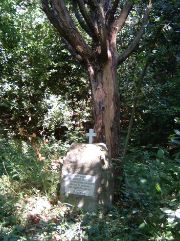 Cippo commemorativo in un'area naturale, circondato da fitta vegetazione e un albero.