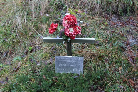 Croce commemorativa con fiori decorativi, situata a Barzasi, in un contesto naturale.