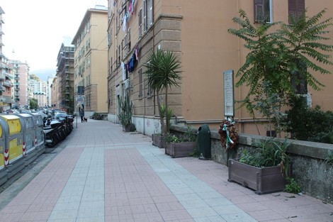La fotografia mostra un viale urbano con una lapide commemorativa e piante in vaso, in un contesto residenziale.