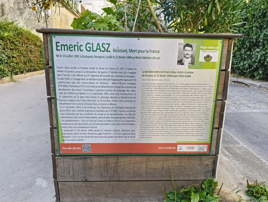 Targa commemorativa dedicata a Emeric Glasz, resistente morto per la Francia durante la Seconda Guerra Mondiale.
