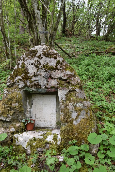 Cippo di pietra nel bosco, ricoperto di muschio e circondato da vegetazione lussureggiante.