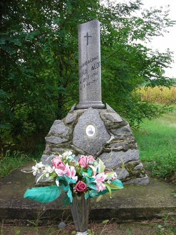 Cippo commemorativo con fiori artificiali, situato in un'area verde. Rappresenta un luogo di memoria e rispetto.