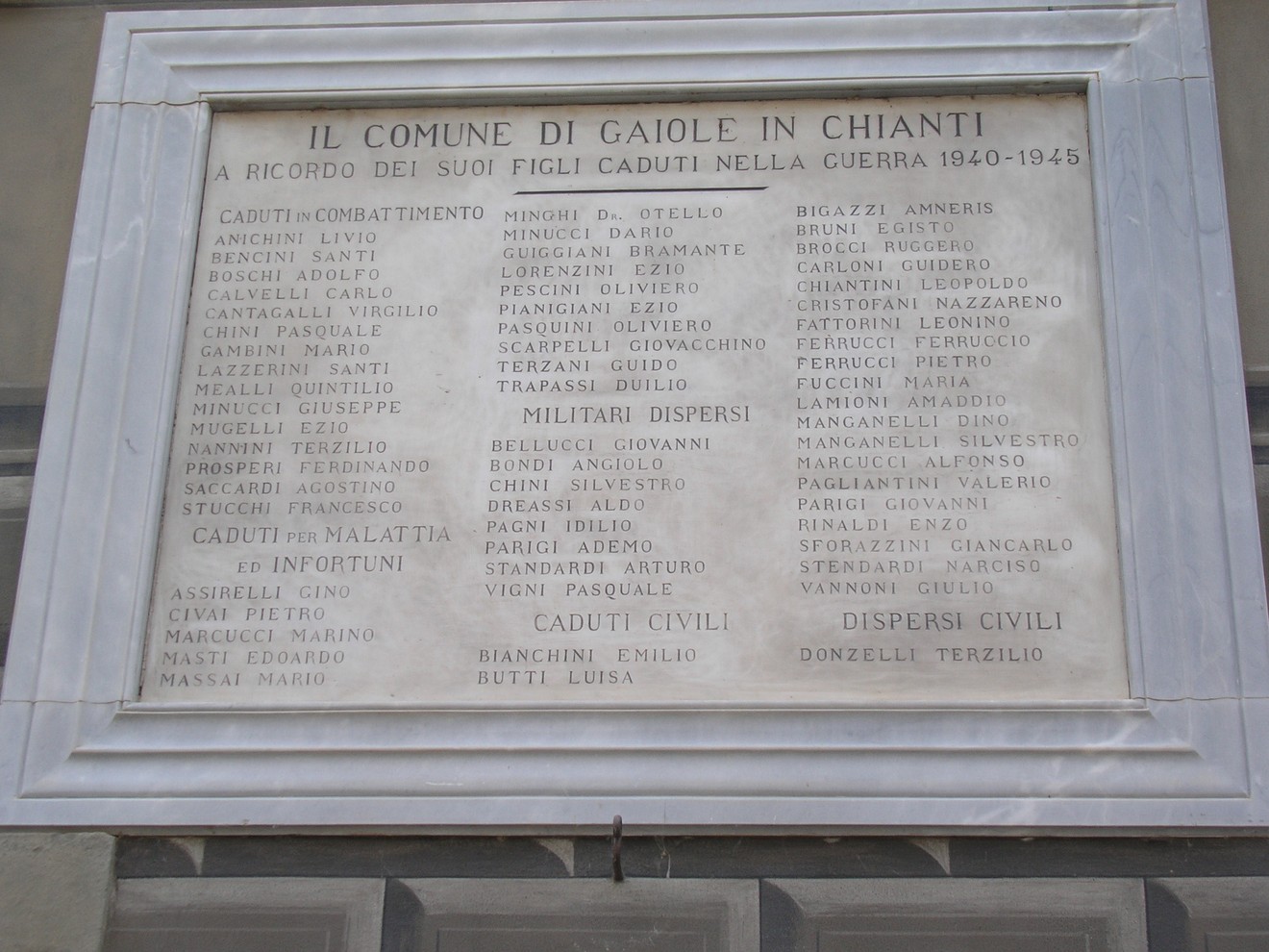 Lapide commemorativa che ricorda i caduti di Gaiole in Chianti durante la Seconda Guerra Mondiale.
