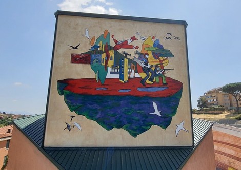 Murale "Grazie Tevere", un'opera colorata che celebra il fiume e la sua importanza culturale e sociale.