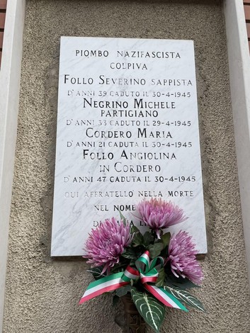 Lapide commemorativa dedicata a Follo, Negrino e Cordero, vittime del nazifascismo nel 1945.