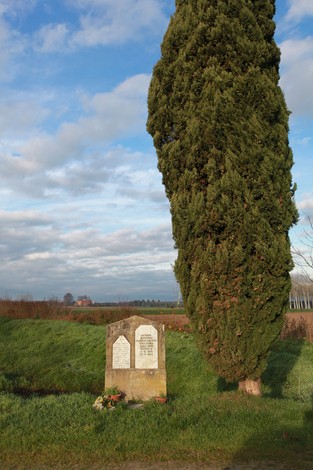 Cippo commemorativo dedicato a Moschini e Federighi, circondato da un albero e il paesaggio circostante.