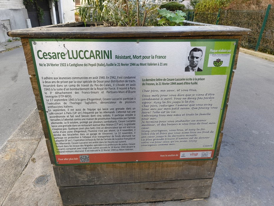 Targa commemorativa dedicata a Cesare Luccarini, resistente italiano morto per la Francia durante la Seconda Guerra Mondiale.