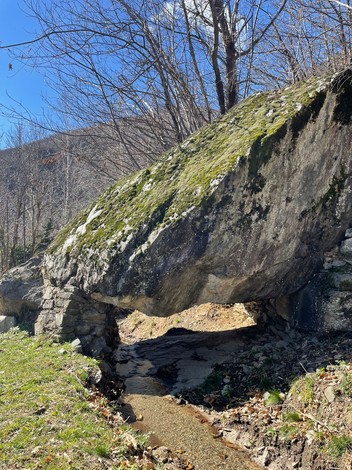 Roccia dei partigiani: masso affiorante con vegetazione, immerso nella natura, simbolo di storie resistenziali.