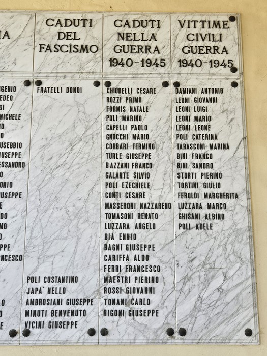Lapide commemorativa dedicata ai caduti delle guerre, con nomi incisi in memoria dei soldati e delle vittime.