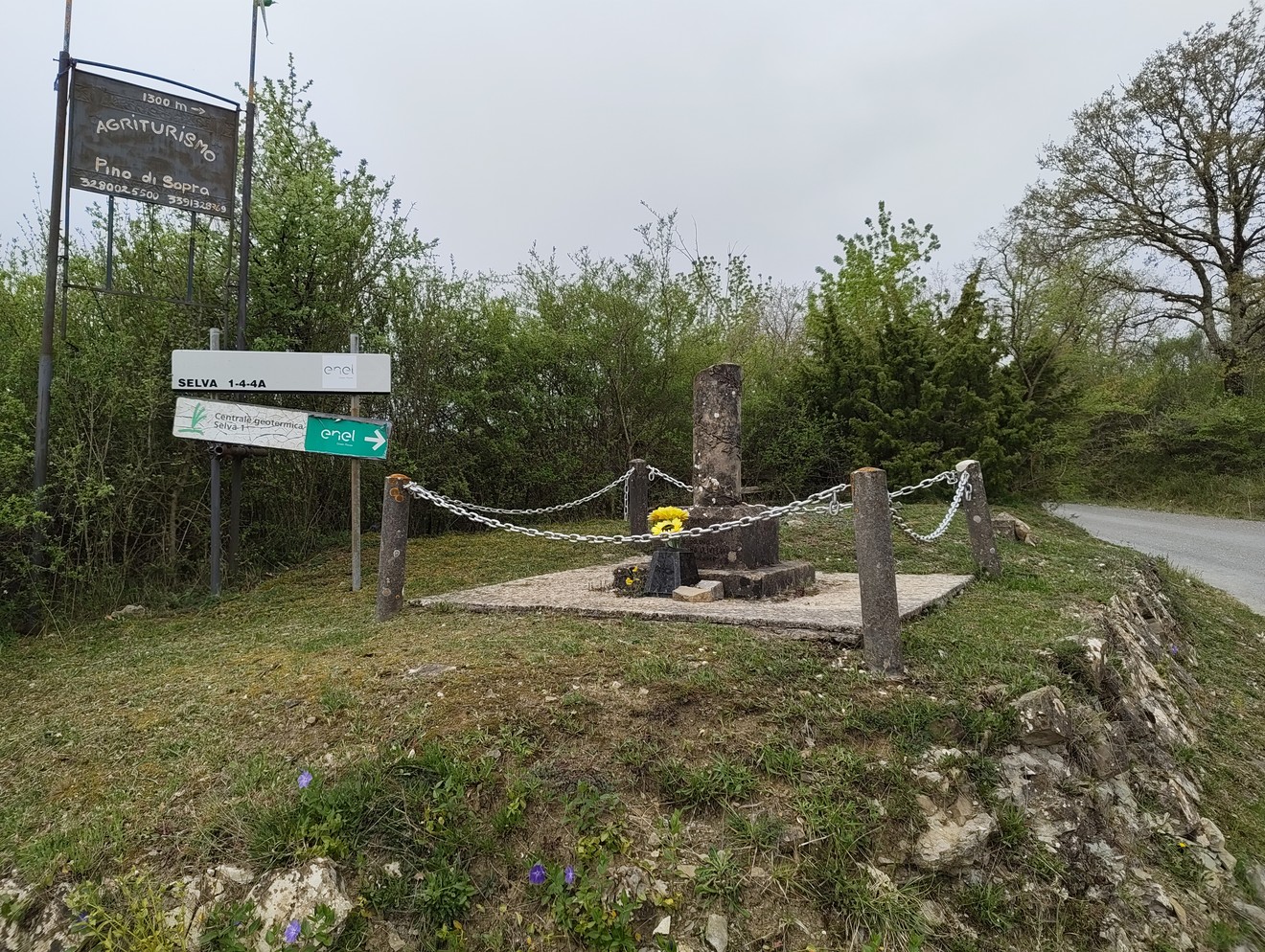 Cippo situato a Ulivelli, circondato da vegetazione, con segnali stradali visibili nelle vicinanze.