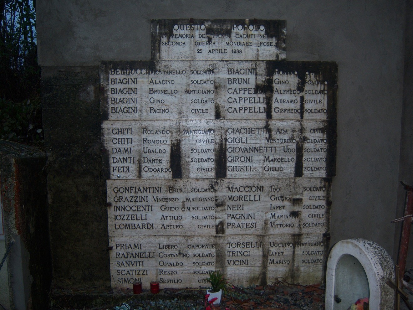 Lapide commemorativa in onore dei caduti, con nomi e date incisi sulla pietra. Ricordo storico e rispetto.