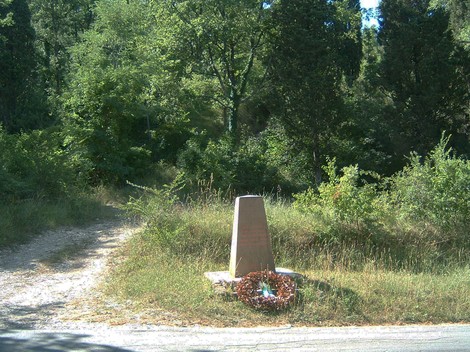 Nuovo cippo commemorativo immerso nella natura, circondato da alberi e vegetazione.
