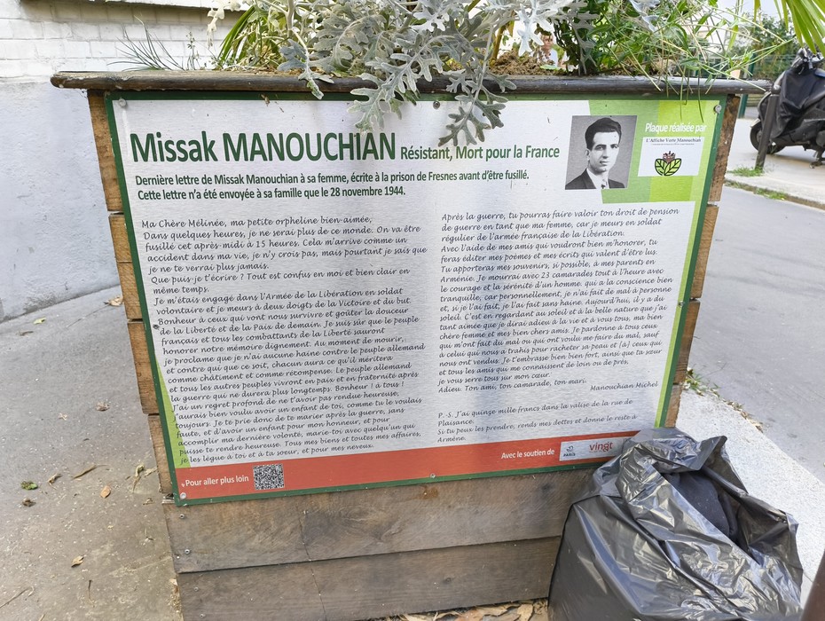 Targa commemorativa dedicata a Missak Manouchian, partigiano e resistente, morti per la libertà e la giustizia.