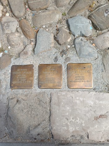 Pietre d'inciampo dedicate alla famiglia Levi e Saralvo, commemorando le loro vite e tragedie.